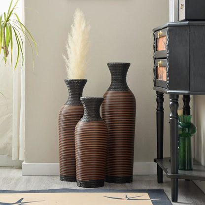 Set of 3 tall woven floor vases in black and brown with ribbed texture on Tampa Home & Garden Store
