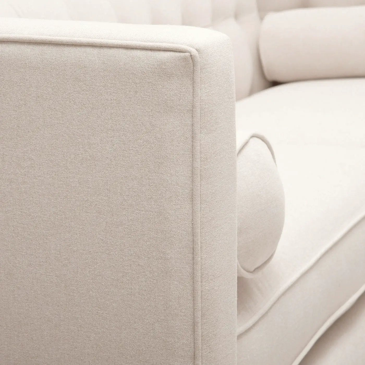 Jack modern tuxedo tufted sofa arm beige fabric close-up on Tampa Home and Garden Store