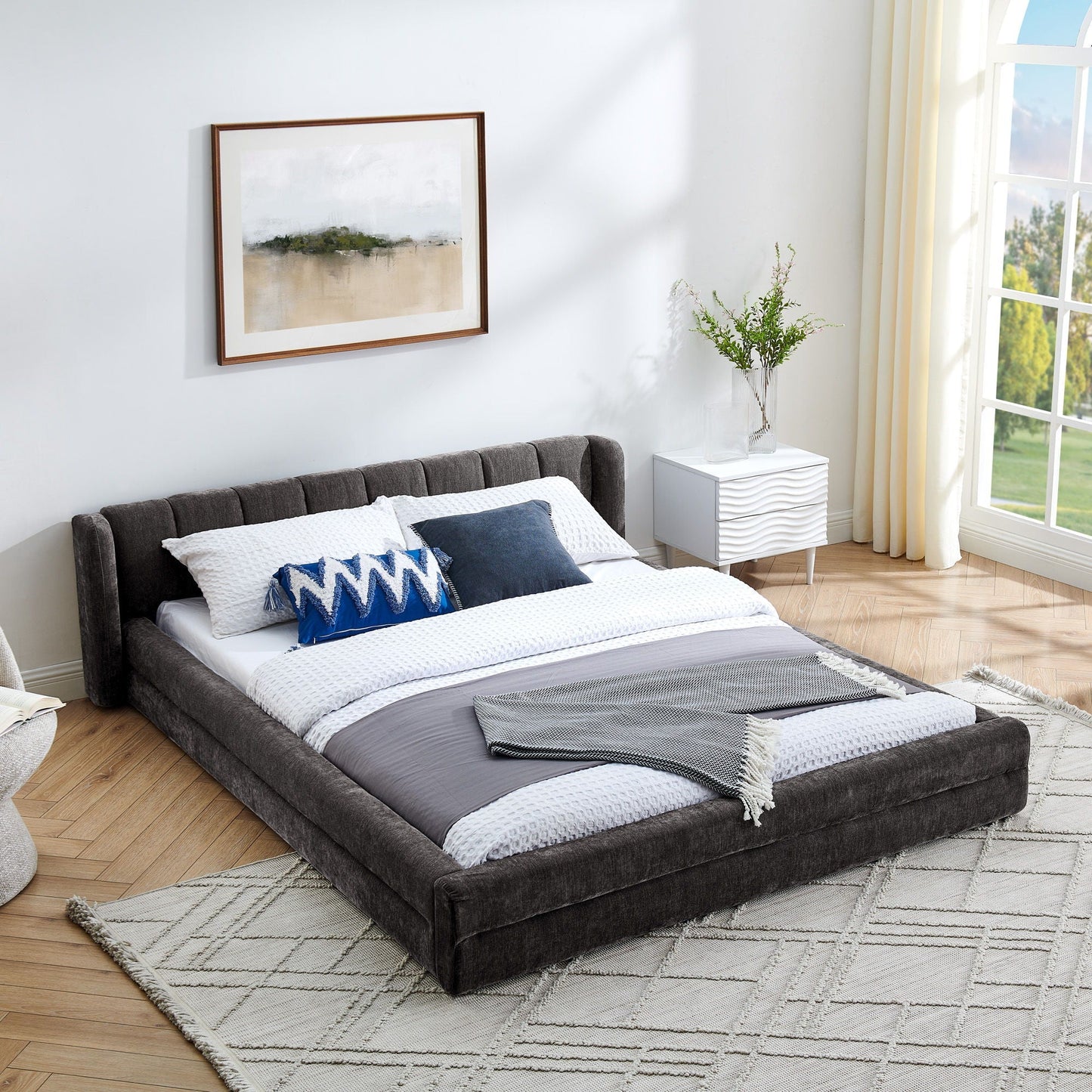 Modern upholstered bed frame with thick gray fabric and padded headboard by HouseOfZazla on Tampa Home & Garden Store