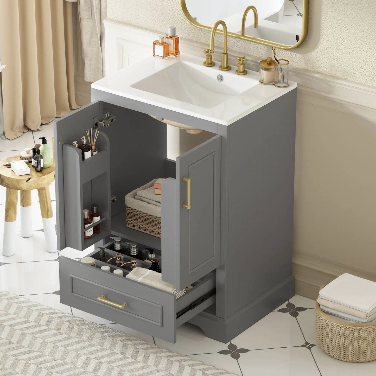 Bathroom vanity with sink, gray cabinet, gold hardware, 1 divided drawer and 2 soft-close doors with double shelf Unique Piece Furniture on Tampa Home & Garden Store
