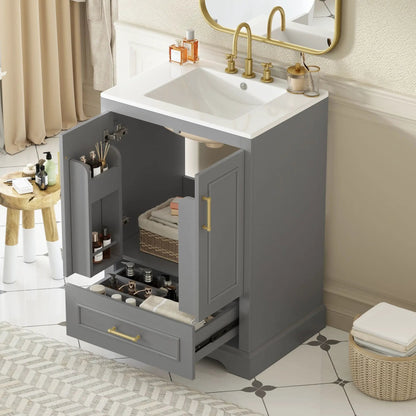 Bathroom vanity with sink, gray cabinet, gold hardware, 1 divided drawer and 2 soft-close doors with double shelf Unique Piece Furniture on Tampa Home & Garden Store