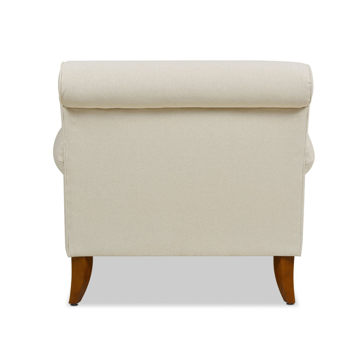 Accent Arm Chair in beige fabric with curved wooden legs, back view on Tampa Home & Garden Store
