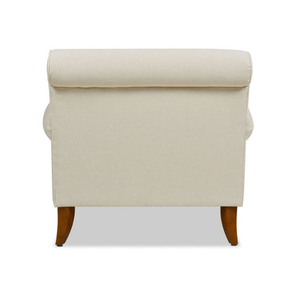 Accent Arm Chair in beige fabric with curved wooden legs, back view on Tampa Home & Garden Store