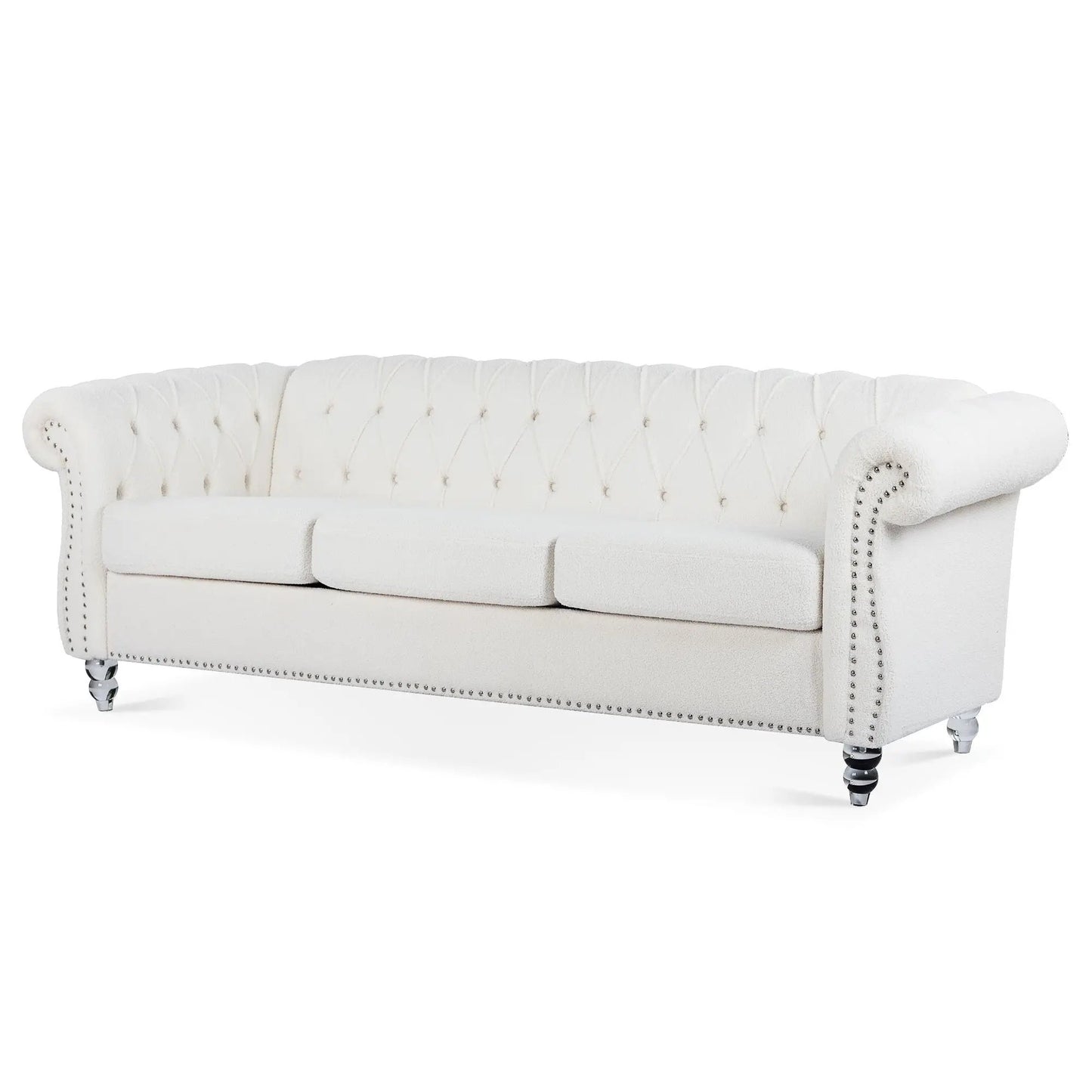 Rolled-arm Chesterfield sofa, white tufted fabric, nailhead trim, castered legs Unique Piece Furniture on Tampa Home & Garden Store
