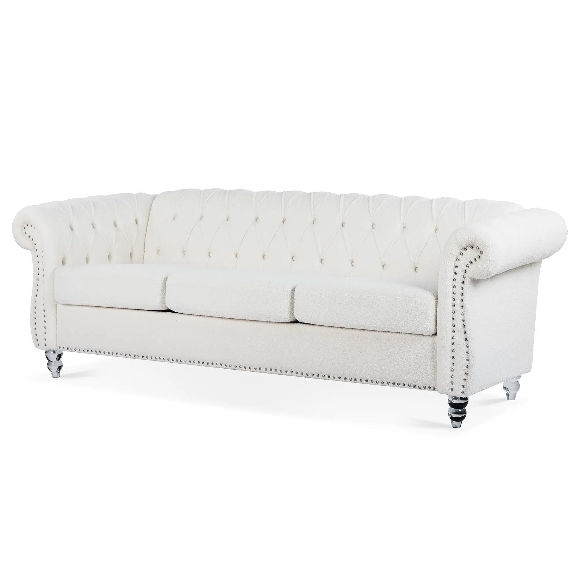 Rolled-arm Chesterfield sofa, white tufted fabric, nailhead trim, castered legs Unique Piece Furniture on Tampa Home & Garden Store