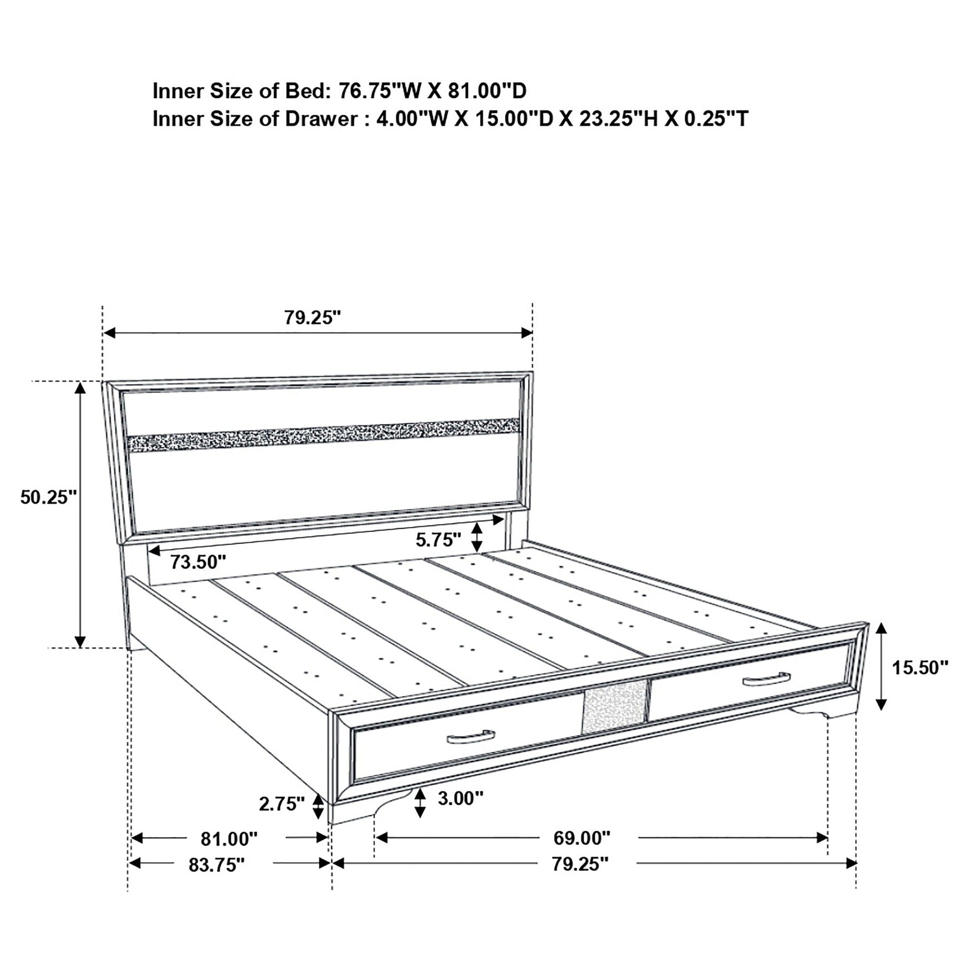Storage Platform Bed 2 Drawer blueprint line drawing shows bed frame and slatted base on Tampa Home & Garden Store