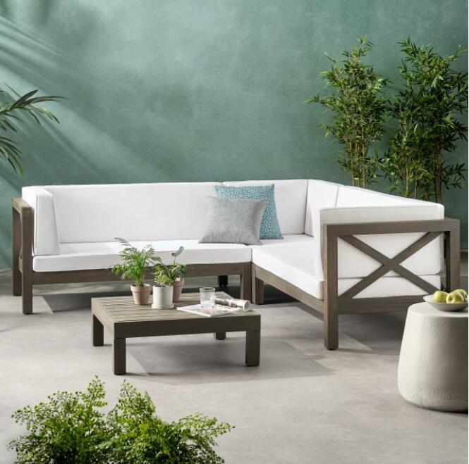 Brava X-Back 4-Piece White Outdoor Sofa Set white cushions on wood frame by HouseOfZazla on Tampa Home & Garden Store