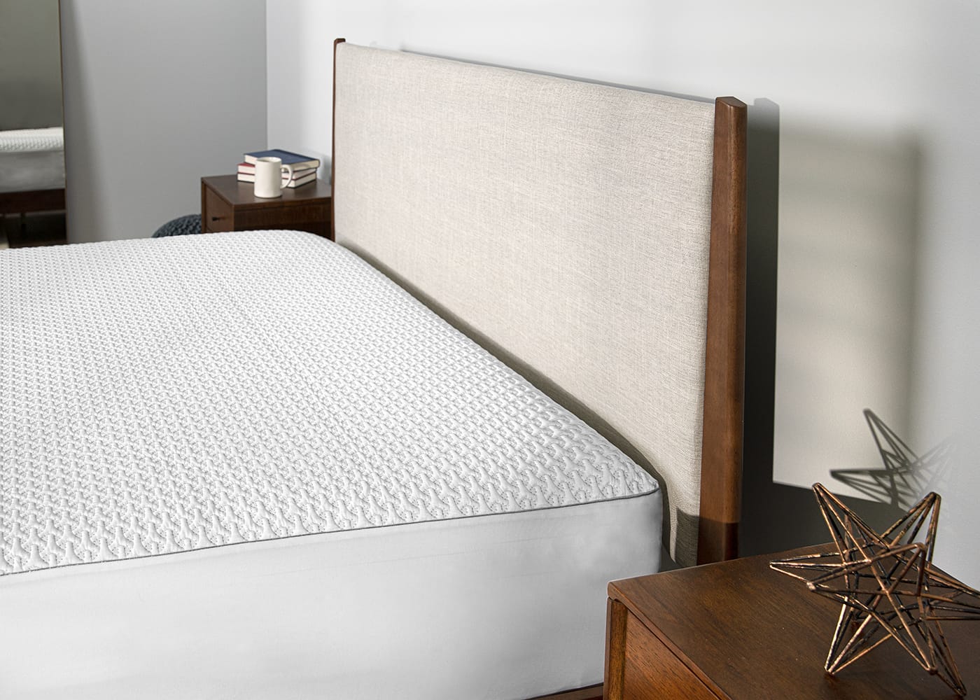 BedGear Ver-Tex Mattress Protector Split King 2pc on white bed with beige upholstered headboard on Tampa Home & Garden Store