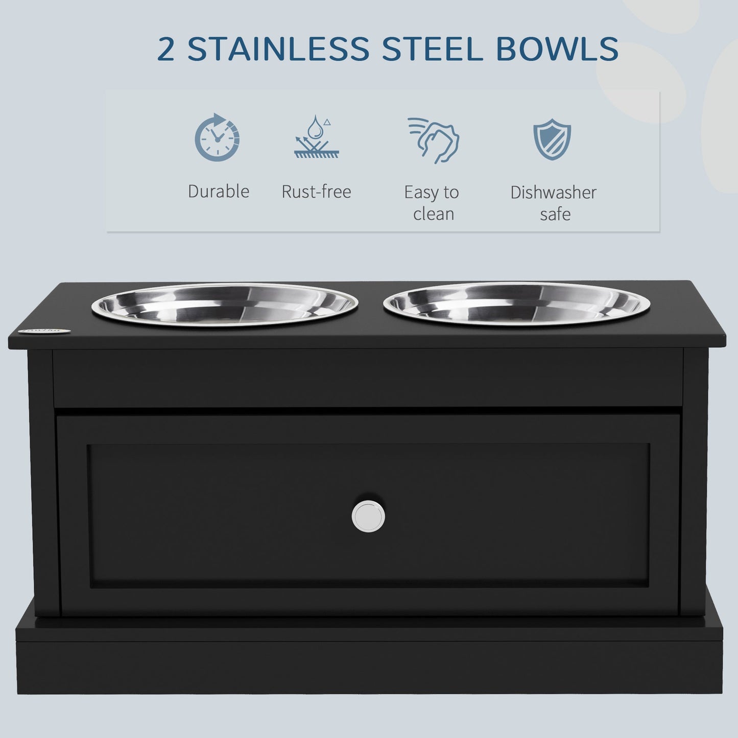 PawHut Large Elevated Bowls with Storage Drawer on black stand 2 stainless steel bowls on Tampa Home & Garden Store