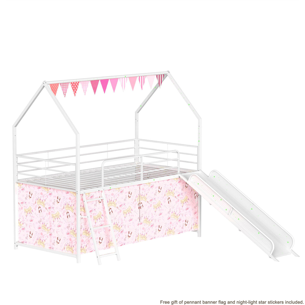 Loft bed with slide and pink curtain panels, white metal frame by HouseOfZazla on Tampa Home & Garden Store