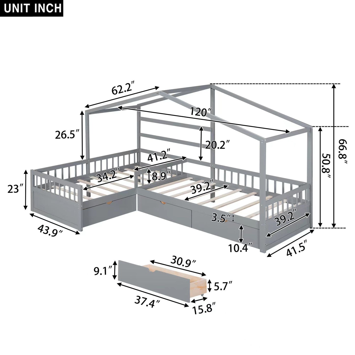 L Shape Platform Bed with 3 Storage Drawers in gray metal frame by HouseOfZazla on Tampa Home & Garden Store