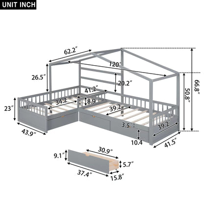 L Shape Platform Bed with 3 Storage Drawers in gray metal frame by HouseOfZazla on Tampa Home & Garden Store