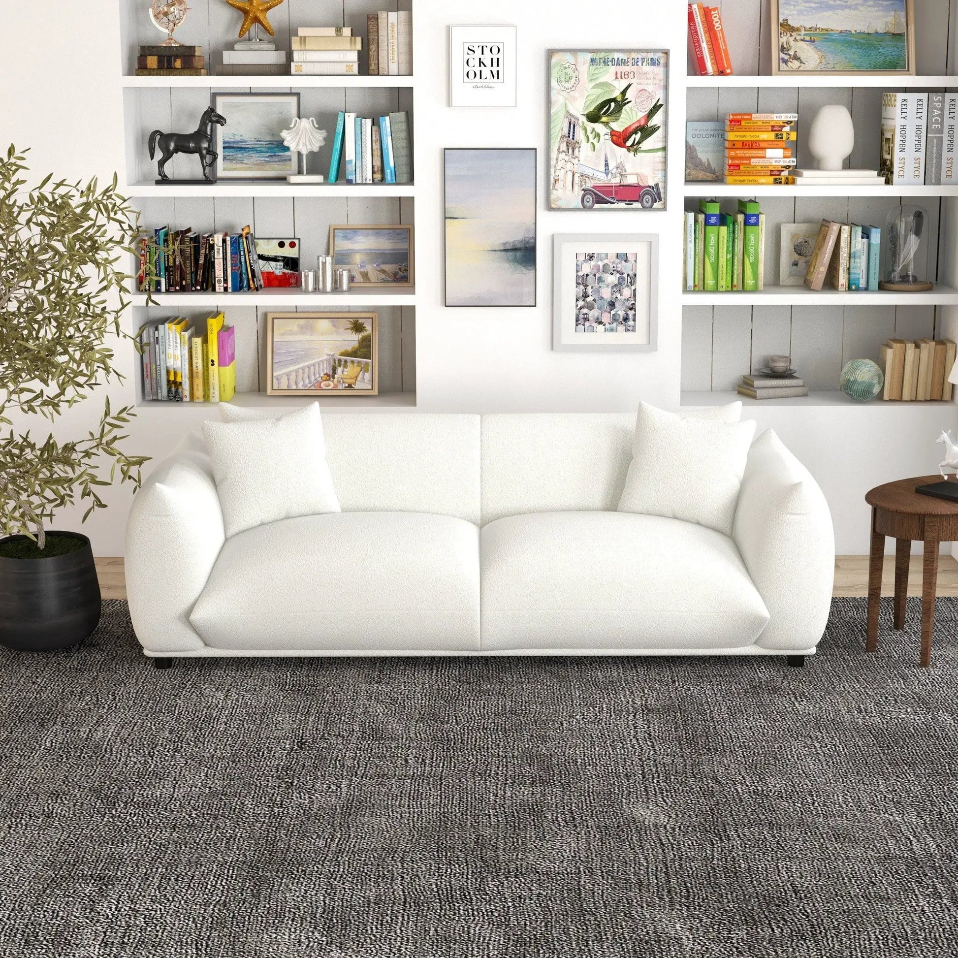 Emma mid-century modern luxury sofa, white fabric, stationary on Tampa Home & Garden Store