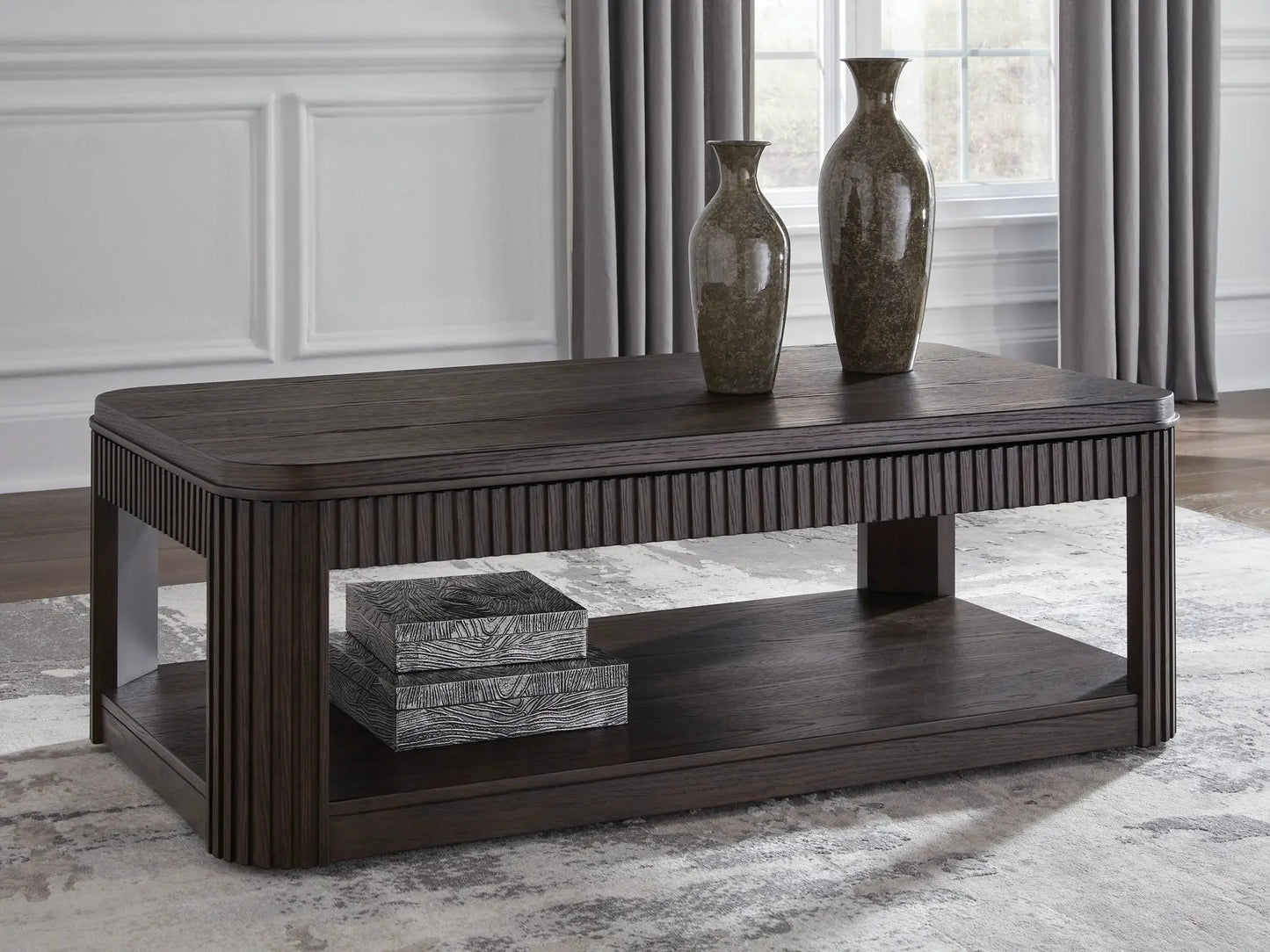 Carlibrie Rectangular End Table in dark wood with ribbed vertical apron and two ceramic vases on top on Tampa Home & Garden Store