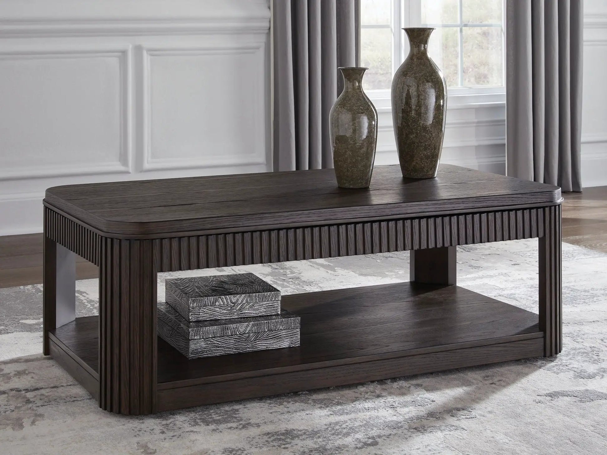 Carlibrie Rectangular End Table in dark wood with ribbed vertical apron and two ceramic vases on top on Tampa Home & Garden Store