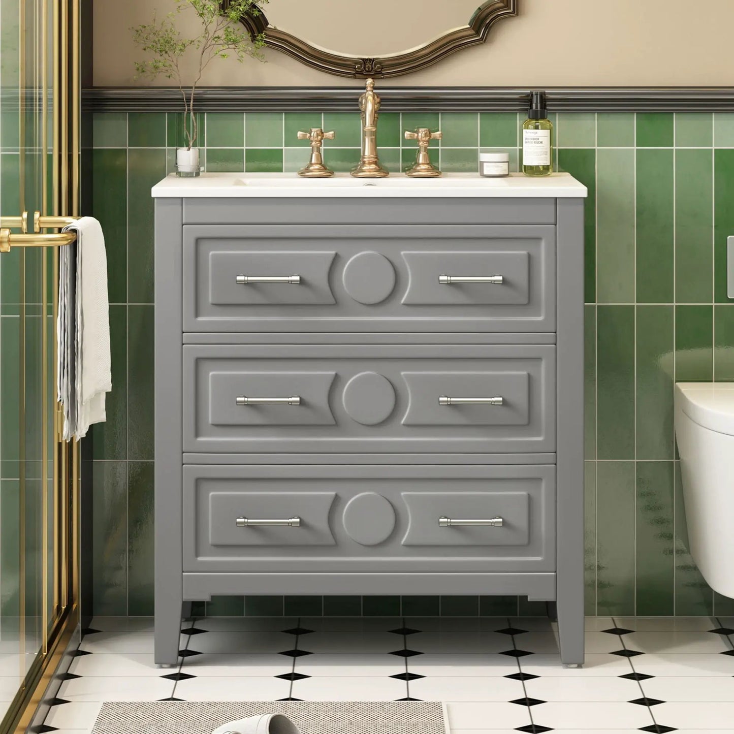 Retro bathroom vanity with sink in gray, freestanding cabinet with 3 drawers on Tampa Home & Garden Store