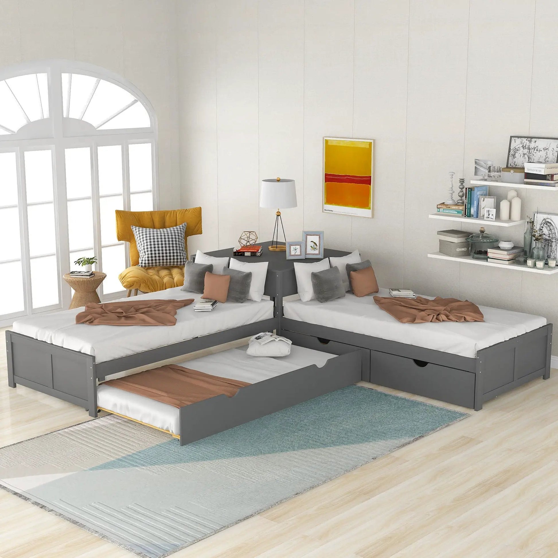 L-shaped platform bed with built-in desk and trundle drawers in dark gray twin setup on Tampa Home & Garden Store