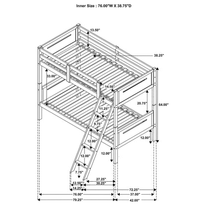 Bunk bed with built-in ladder, guardrails and angled access step; schematic with dimensions on Tampa Home & Garden Store