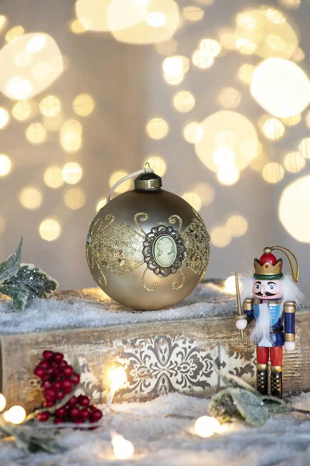 Decorative hanging ball Christmas ornament set of 6 in gold with glitter bands and cameo medallion on Tampa Home & Garden Store