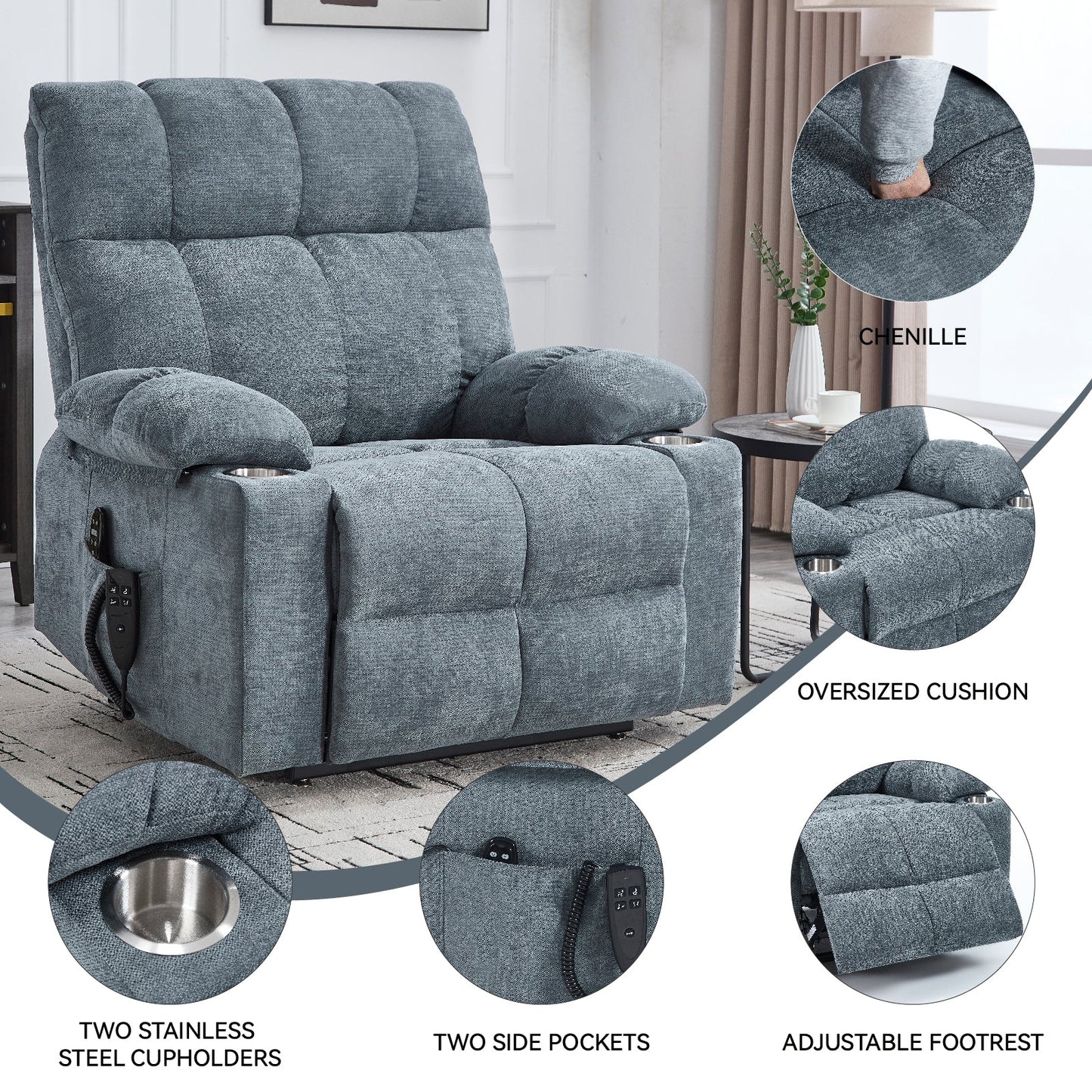 Grey chenille power lift recliner chair by HouseOfZazla with cushion and two cupholders on Tampa Home & Garden Store