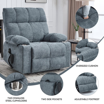 Grey chenille power lift recliner chair by HouseOfZazla with cushion and two cupholders on Tampa Home & Garden Store