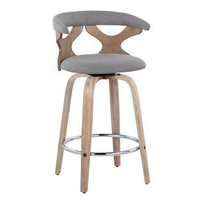 Counter stool with curved wood base, grey upholstered seat and back, swivel chrome footring on Tampa Home & Garden Store