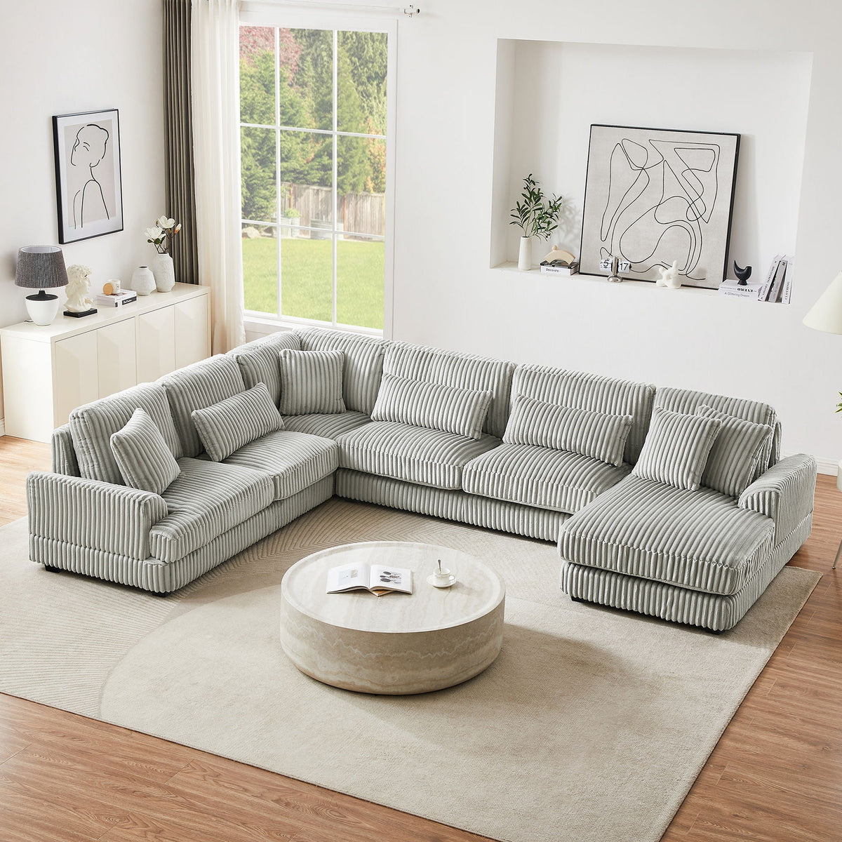 U-shaped sectional sofa with chaise lounge in gray striped upholstery by HouseOfZazla on Tampa Home & Garden Store
