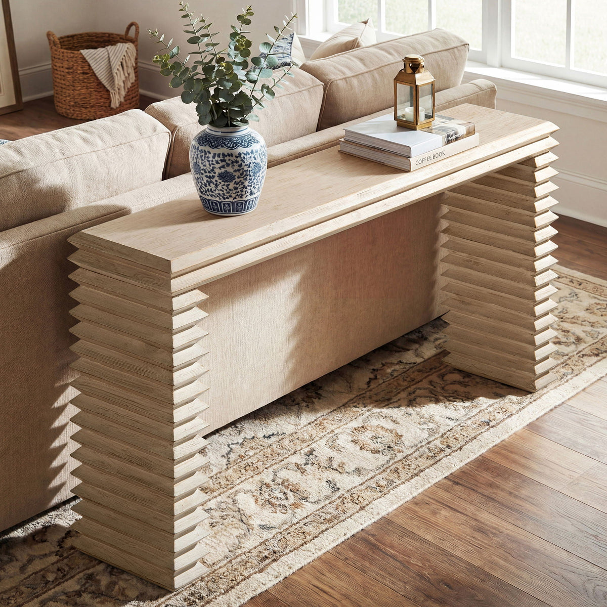 Geometric waterfall console table in light brown solid wood with stacked plank base on Tampa Home & Garden Store