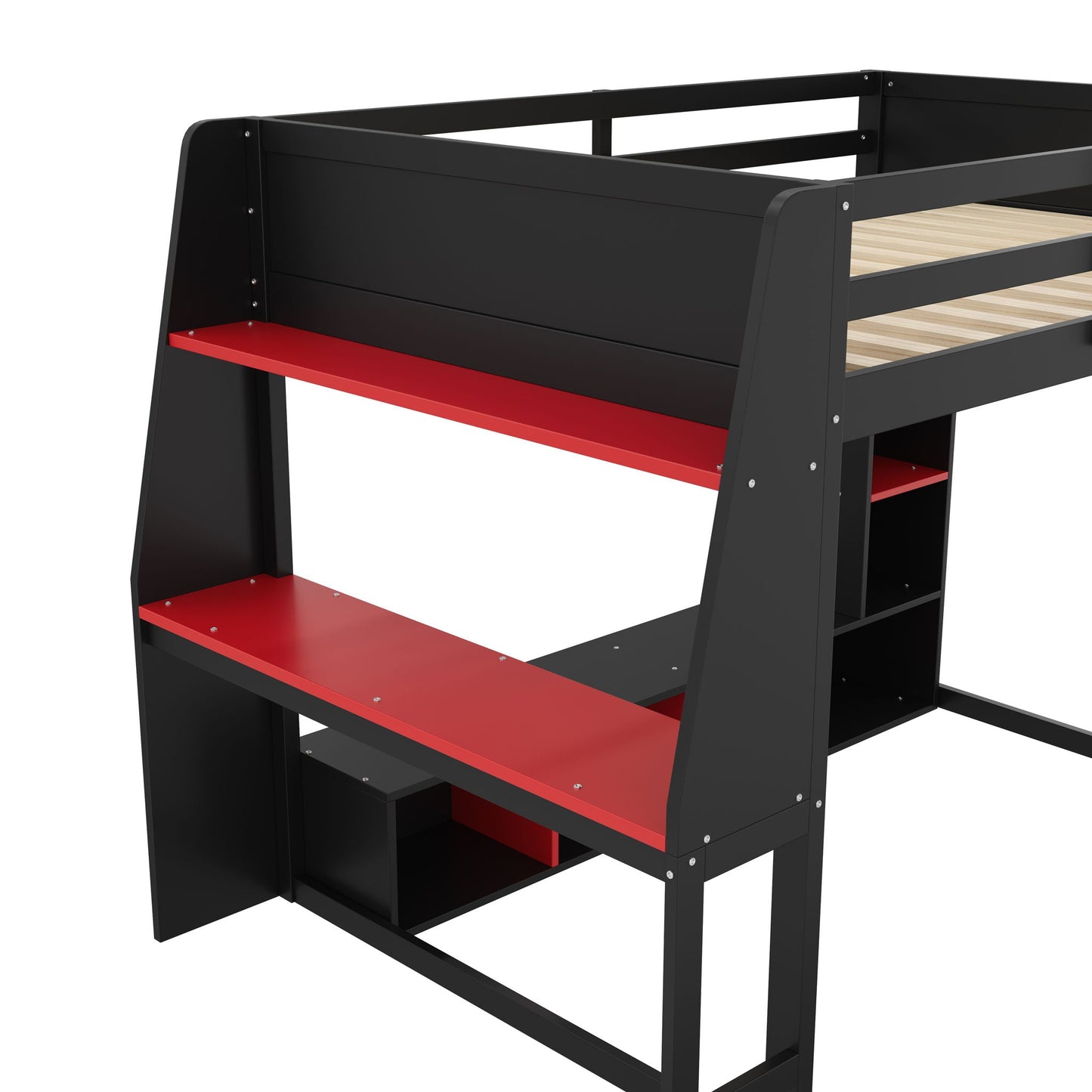 Gaming loft bed with desk by HouseOfZazla, black frame, red storage shelf, wood slat base on Tampa Home & Garden Store