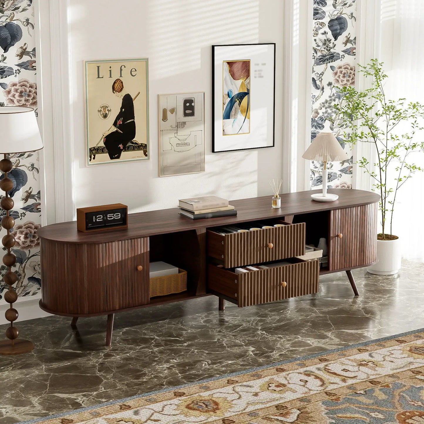 70-inch TV stand with tambour doors and fluted drawers, dark brown Unique Piece Furniture on Tampa Home & Garden Store