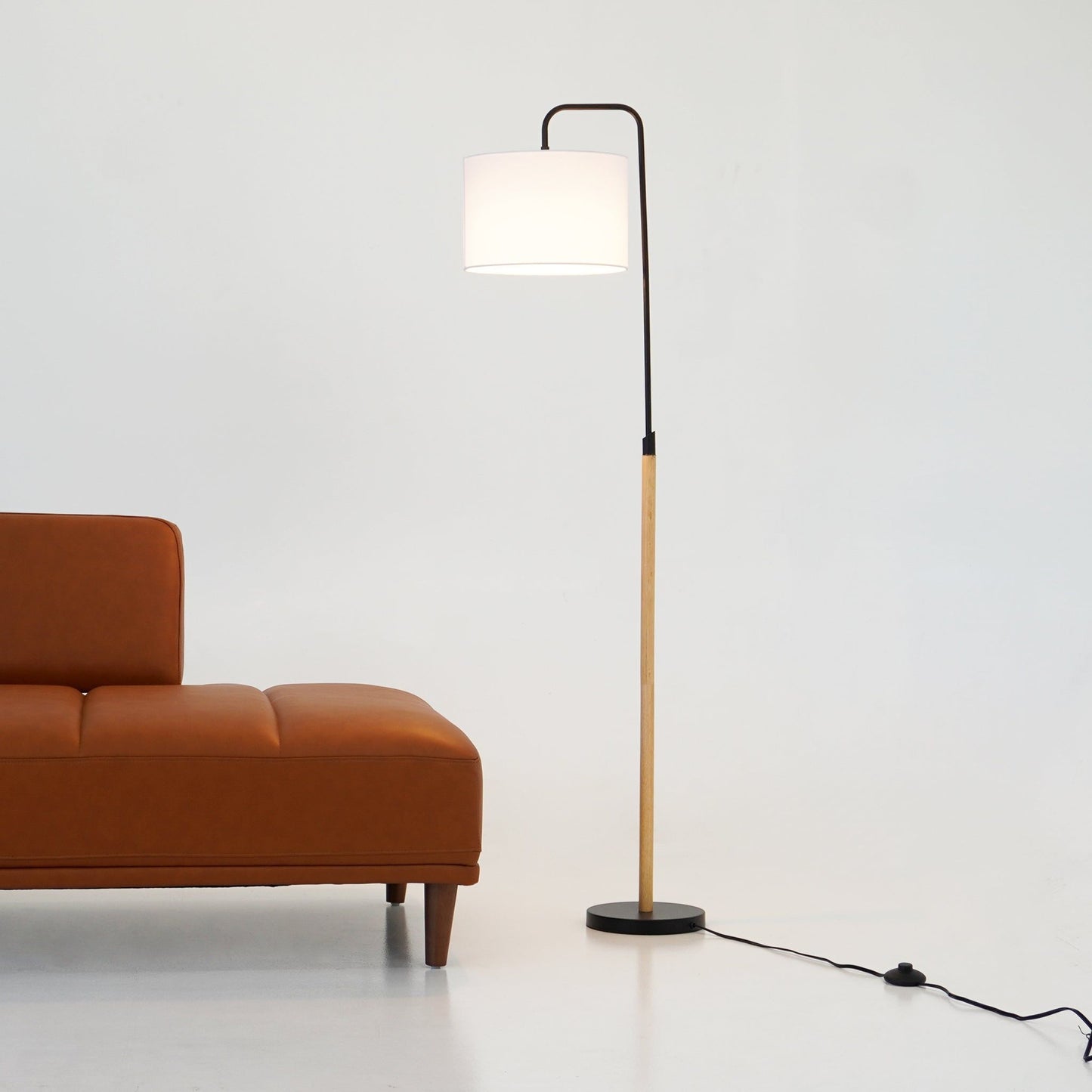 Lior arc floor lamp with white cylinder shade, black metal arc, wood base by HouseOfZazla on Tampa Home & Garden Store