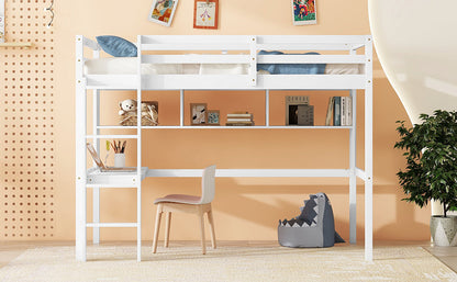Twin Loft Bed with built-in desk and bookcase of three compartments, Guardrails and Ladder,White - Tampa Home & Garden Store