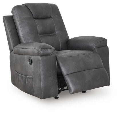Stockworth rocker recliner in gray upholstery with plush headrest and padded arms on Tampa Home & Garden Store