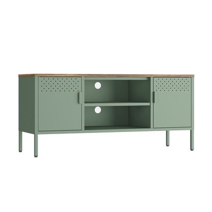 Storage Cabinet TV Stand by HouseOfZazla in green with wood top, perforated doors & white knobs on Tampa Home & Garden Store