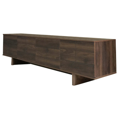 TV stand dark brown wood with multiple cabinet doors and a low profile on Tampa Home & Garden Store