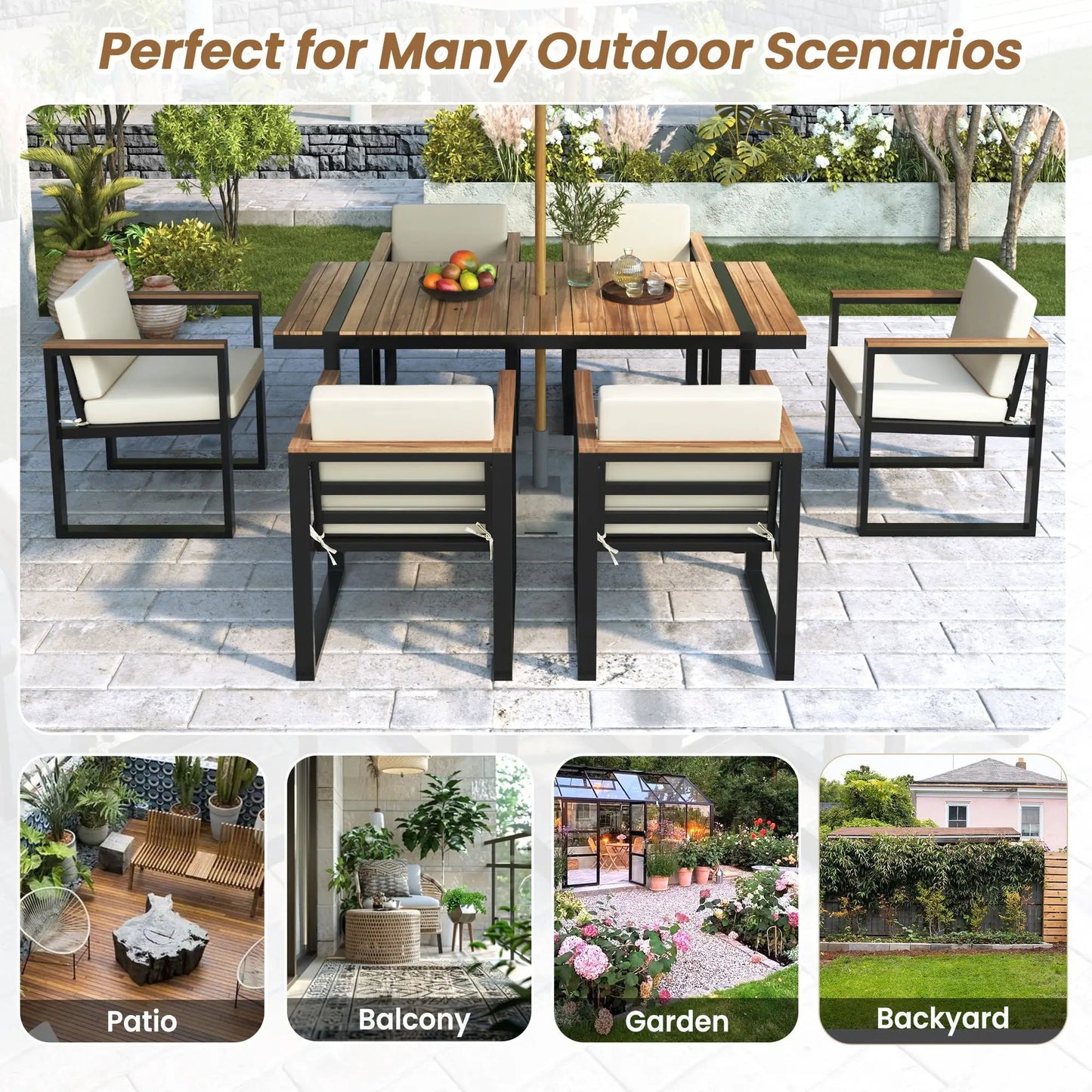 7-Piece Outdoor Dining Set Unique Piece with wood slat table, black frame, beige cushions on Tampa Home & Garden Store