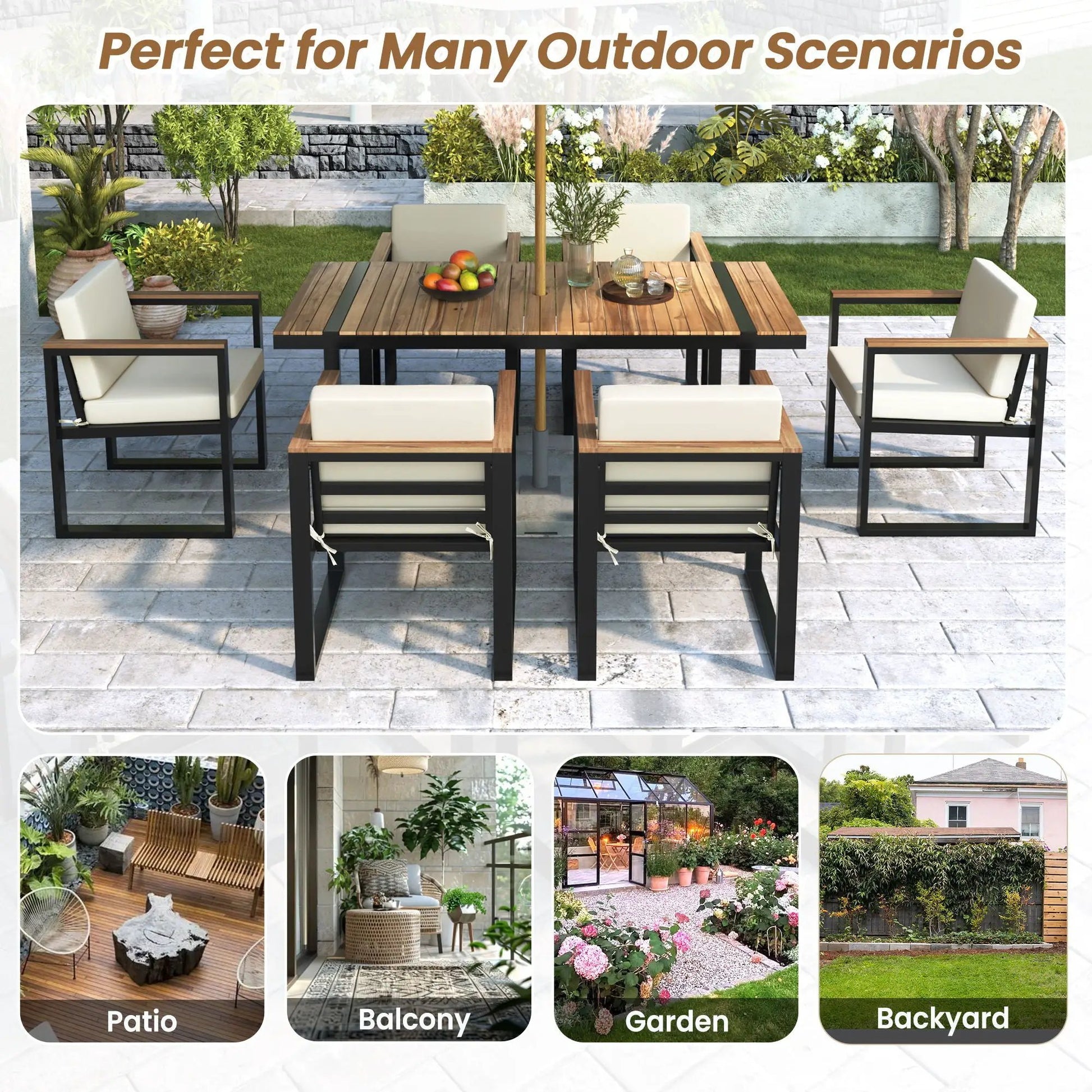 7-Piece Outdoor Dining Set Unique Piece with wood slat table, black frame, beige cushions on Tampa Home & Garden Store