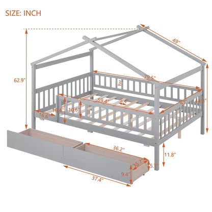 House Bed With 2 Drawers, gray storage bed with roof-frame design on Tampa Home & Garden Store