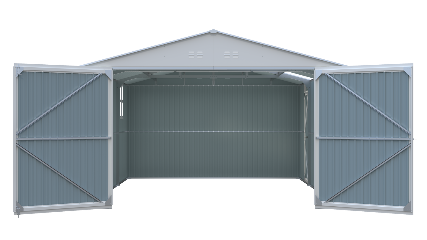 Metal storage shed 20x13 ft by HouseOfZazla, blue-gray exterior steel panels, open front on Tampa Home & Garden Store