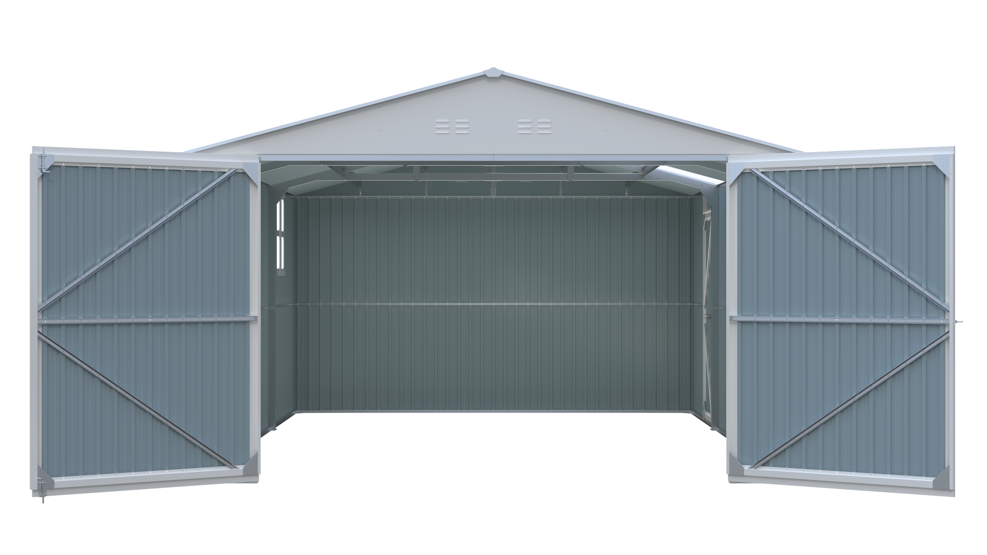 Metal storage shed 20x13 ft by HouseOfZazla, blue-gray exterior steel panels, open front on Tampa Home & Garden Store
