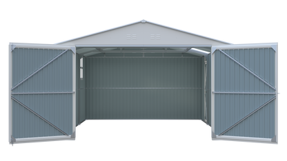 Metal storage shed 20x13 ft by HouseOfZazla, blue-gray exterior steel panels, open front on Tampa Home & Garden Store
