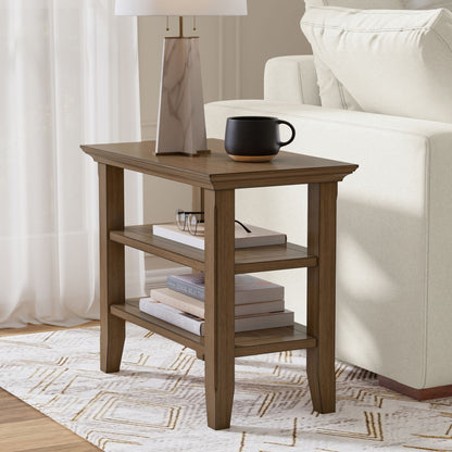 Narrow rustic brown wooden side table with two open shelves, top holds lamp and mug on Tampa Home & Garden Store