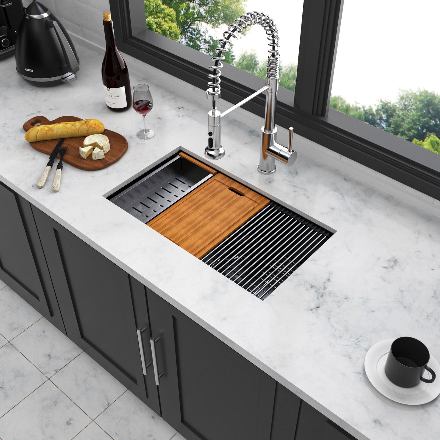 Workstation kitchen sink 30x18x10 undermount gunmetal black with chrome pull-down faucet on Tampa Home & Garden Store