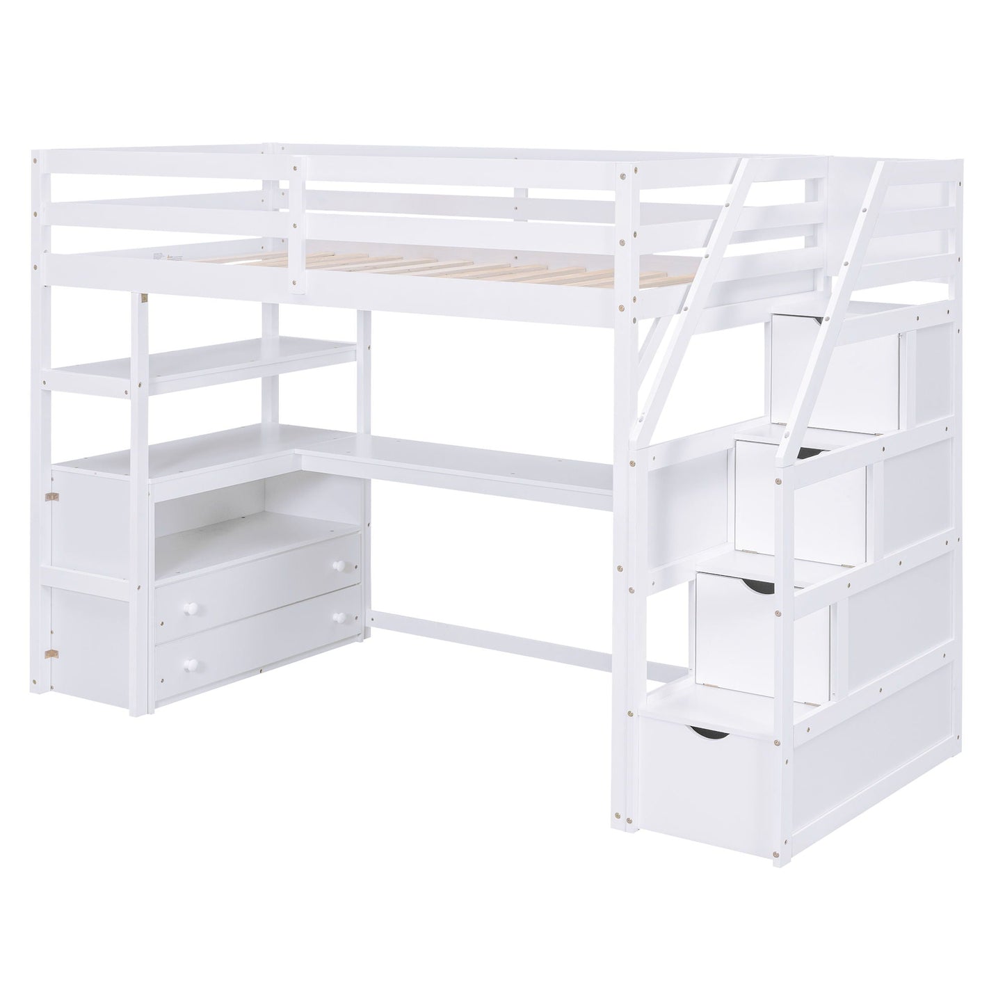 White loft bed with desk, shelves, 2 drawers and storage staircase by HouseOfZazla on Tampa Home & Garden Store