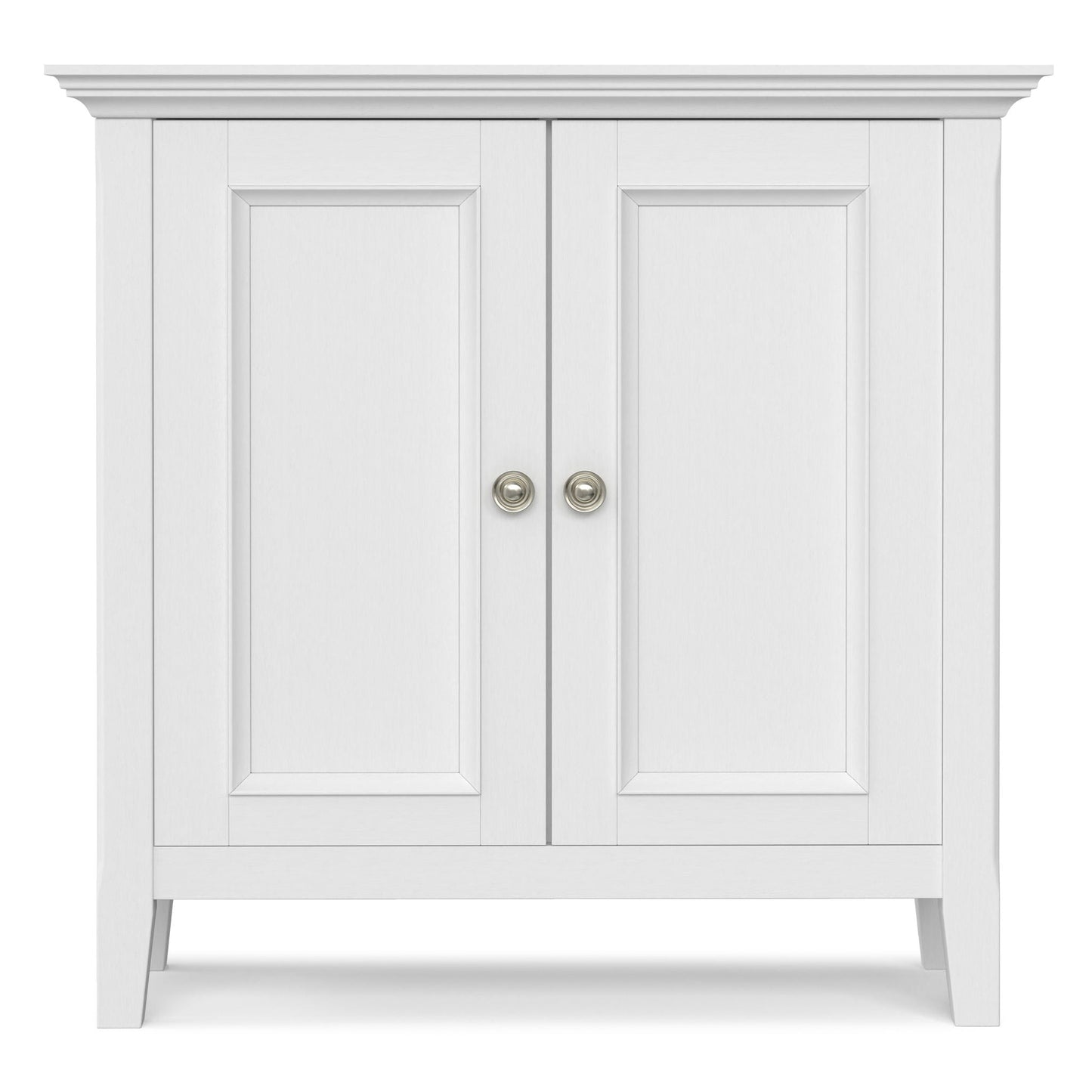 Amherst handcrafted low storage cabinet with double paneled doors, white finish, molding on top on Tampa Home & Garden Store