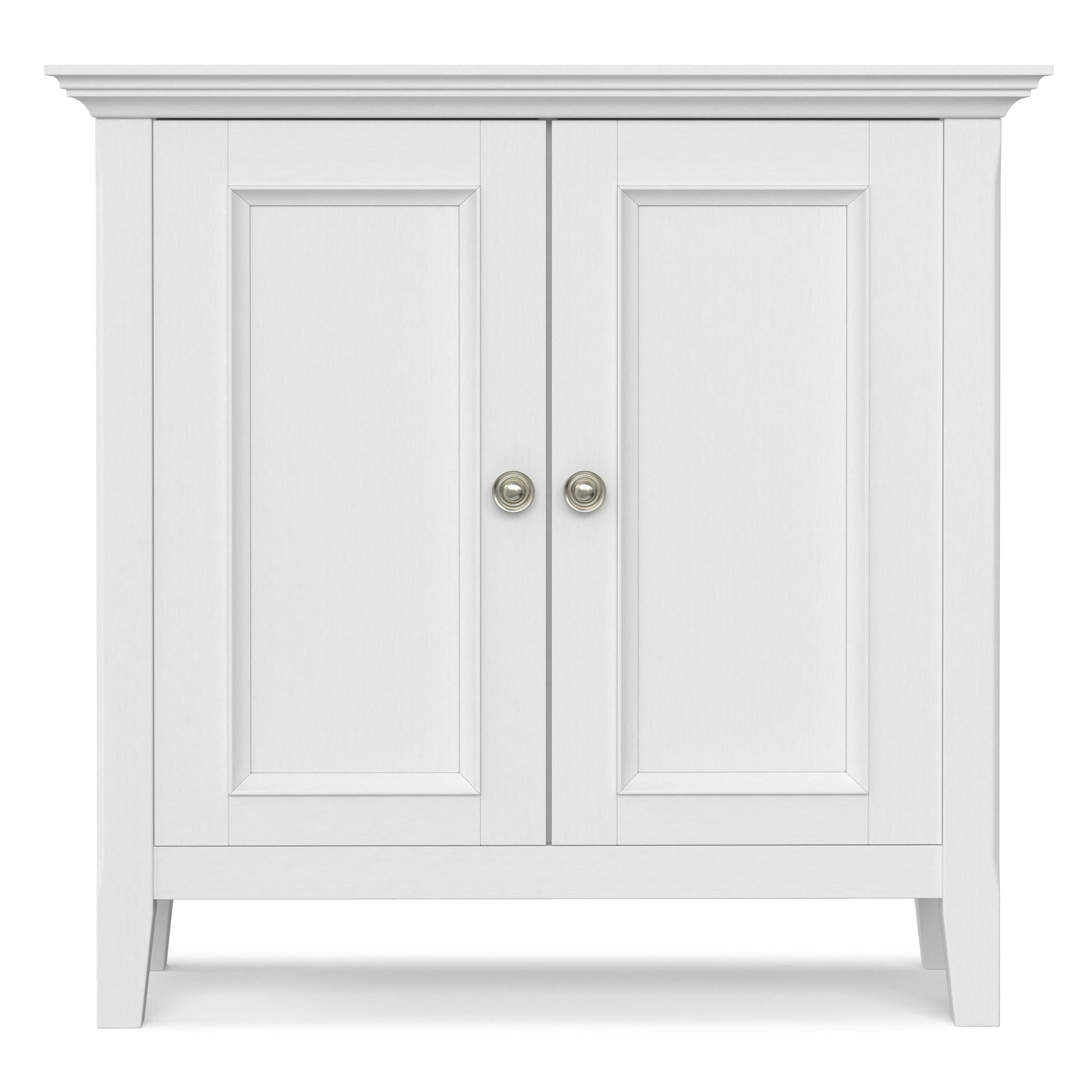 Amherst handcrafted low storage cabinet with double paneled doors, white finish, molding on top on Tampa Home & Garden Store