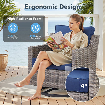 Swivel outdoor chairs set of 2 with glass-top side table, wicker frames and blue cushions by HouseOfZazla on Tampa Home & Garden Store