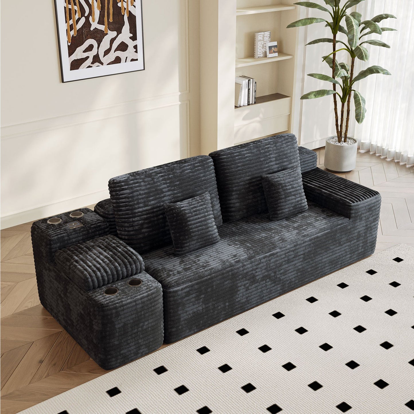 150'' Width 5-Piece Sectional Sofa with 2 Ottomans in charcoal ribbed fabric on Tampa Home & Garden Store