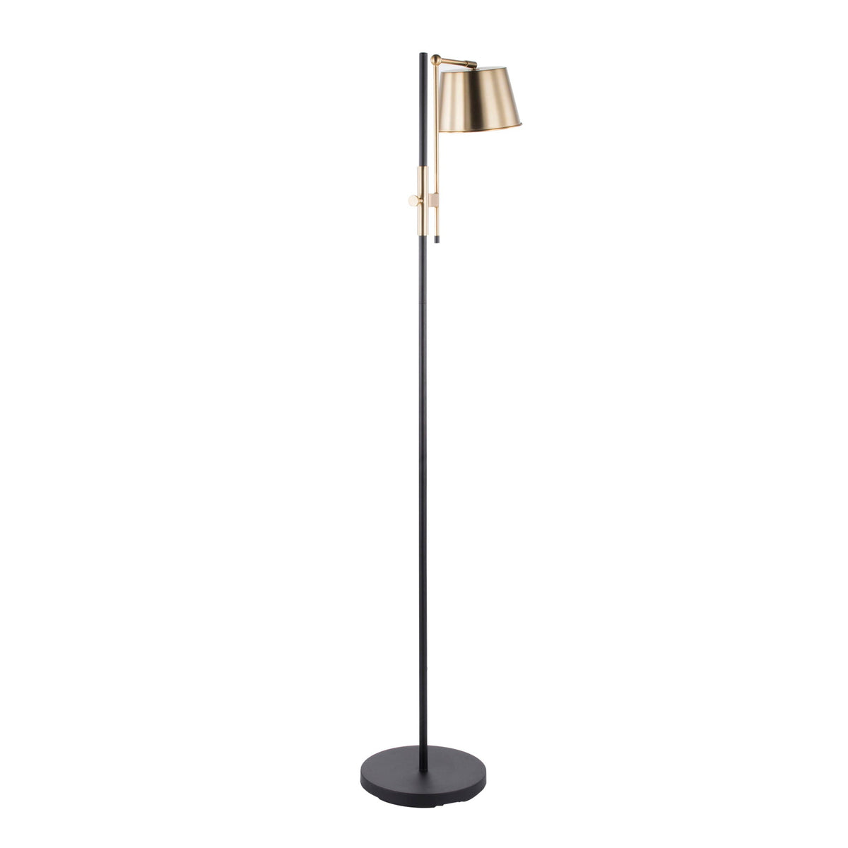 Metric floor lamp in black with antique brass accents, adjustable arm and shade on Tampa Home & Garden Store