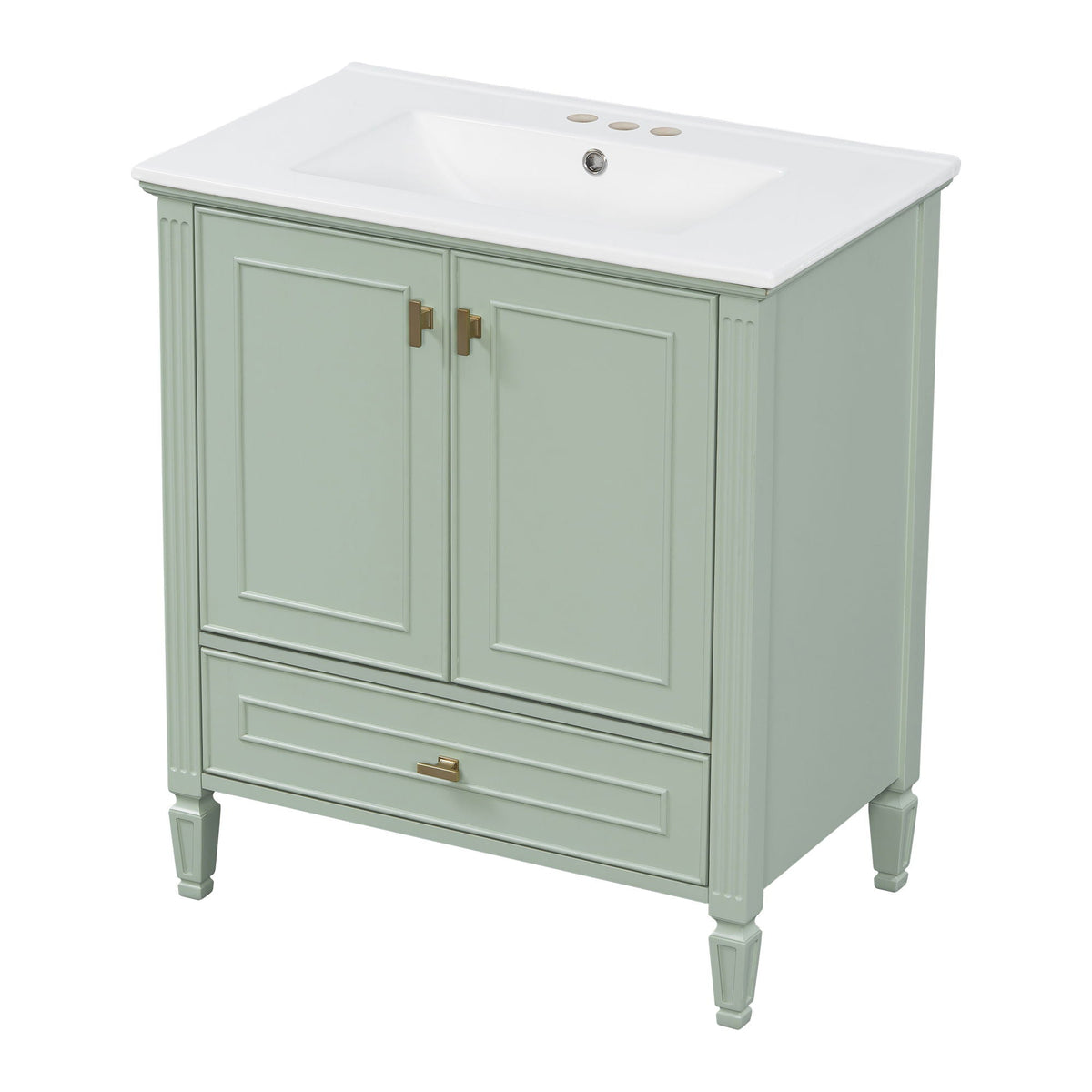 Freestanding vanity by HouseOfZazla green finish with white countertop, 2 doors and bottom drawer on Tampa Home & Garden Store
